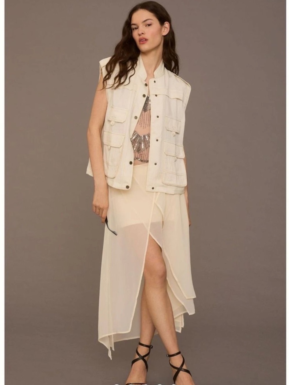 Anthropologie Silky Cream Pocket Utility Vest Sz Small